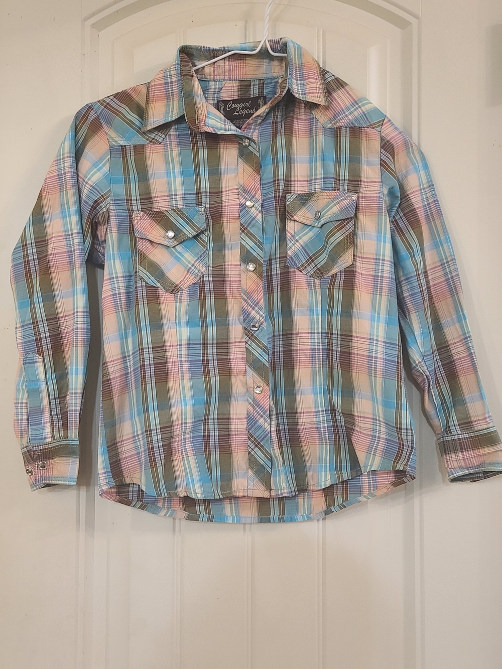 Cowgirl Legend Girls Plaid Pearl Snap Button-Down Shirt in Blue & Pink Size L